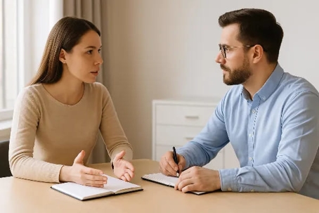 Divorced couple discussing co-parenting strategies